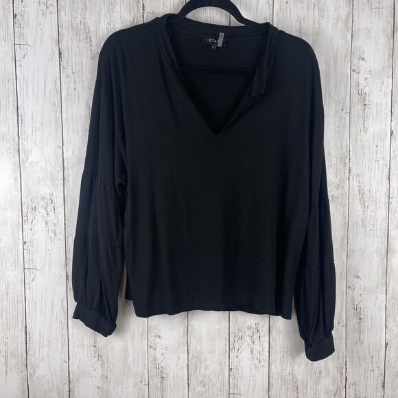 1. State Top Women Large Black Peasant Sleeve Minimalist Capsule Timeless Blouse - Picture 1 of 9